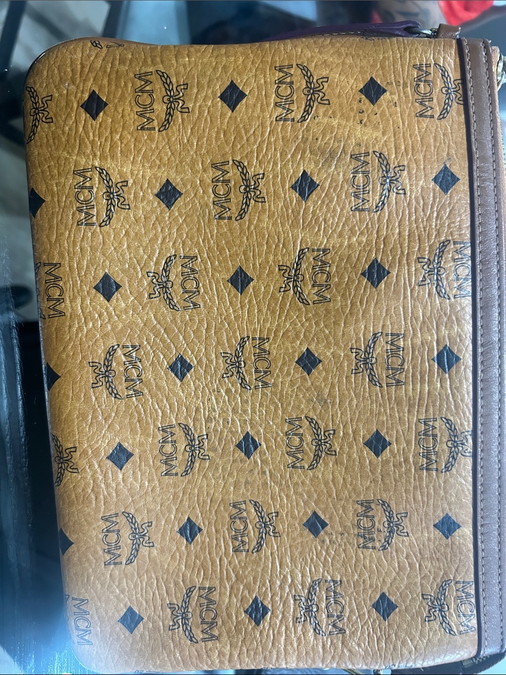 MCM Cognac Monogram Leather Toiletry Pouch with Black Logo Print